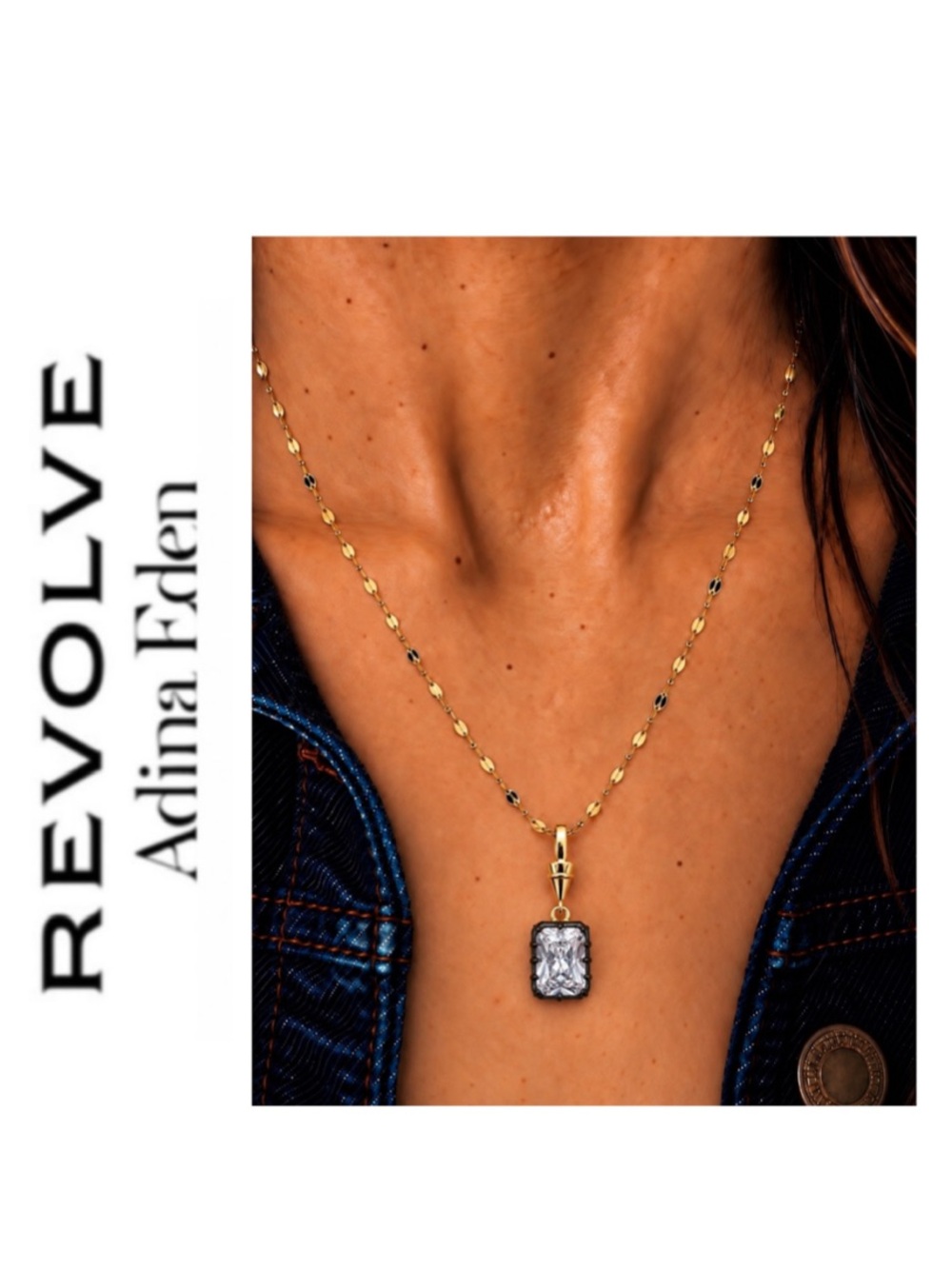 Revolve x Adina Eden Georgian Rectangle Black Rhodium CZ Pendant Necklace